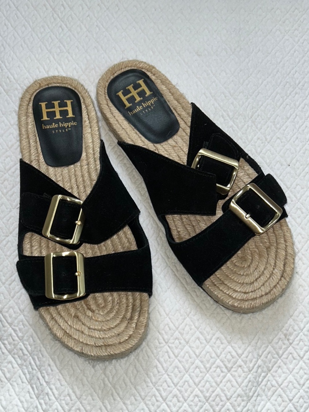 haute hippie NEW black sisal woven bed large buckle sandals 8 1/2
